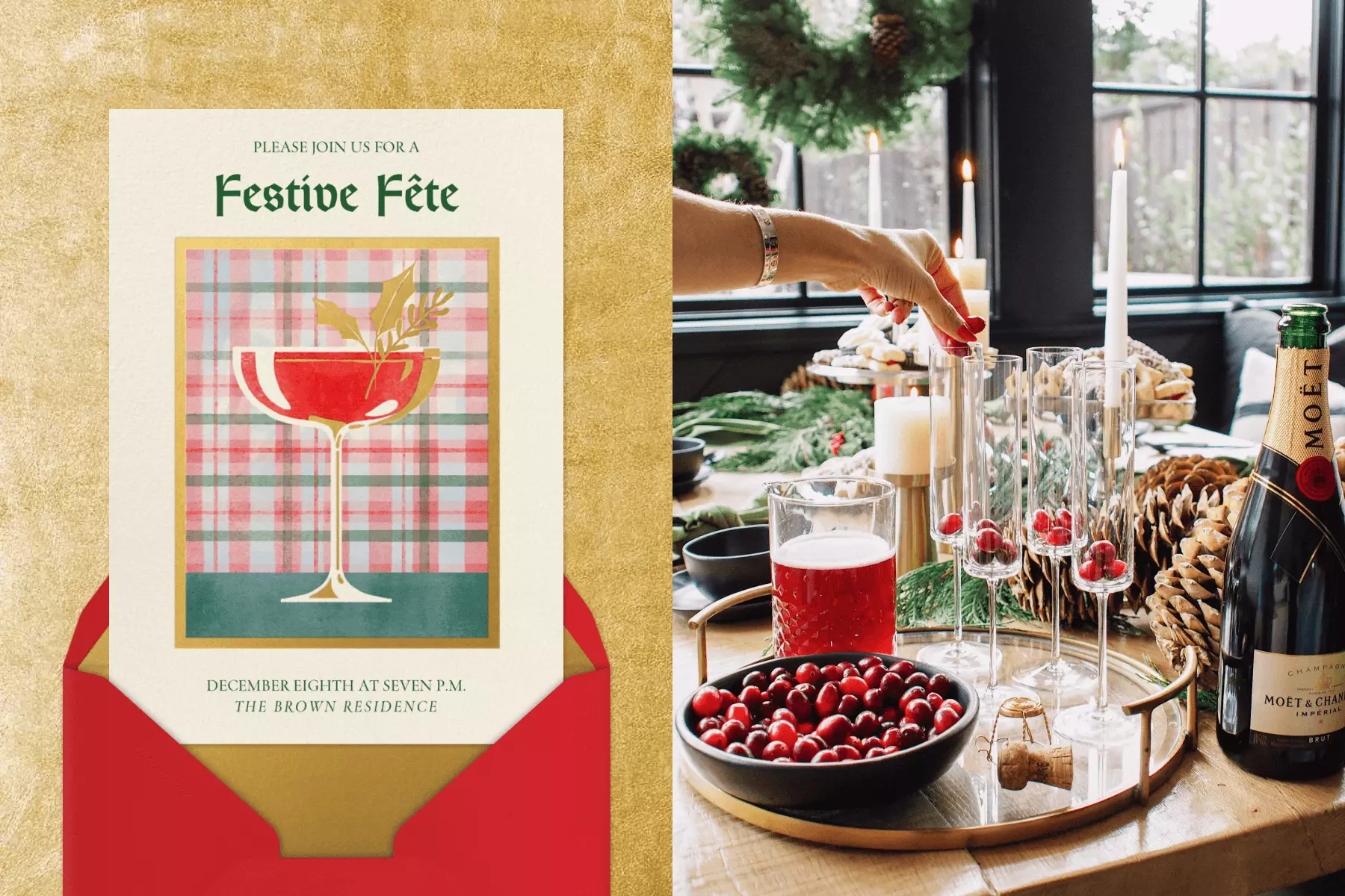 A holiday invitation with a red drink in a coupe glass with holly garnish in front of a plaid backdrop; someone puts cranberries into Champagne flutes in preparation of them being filled.