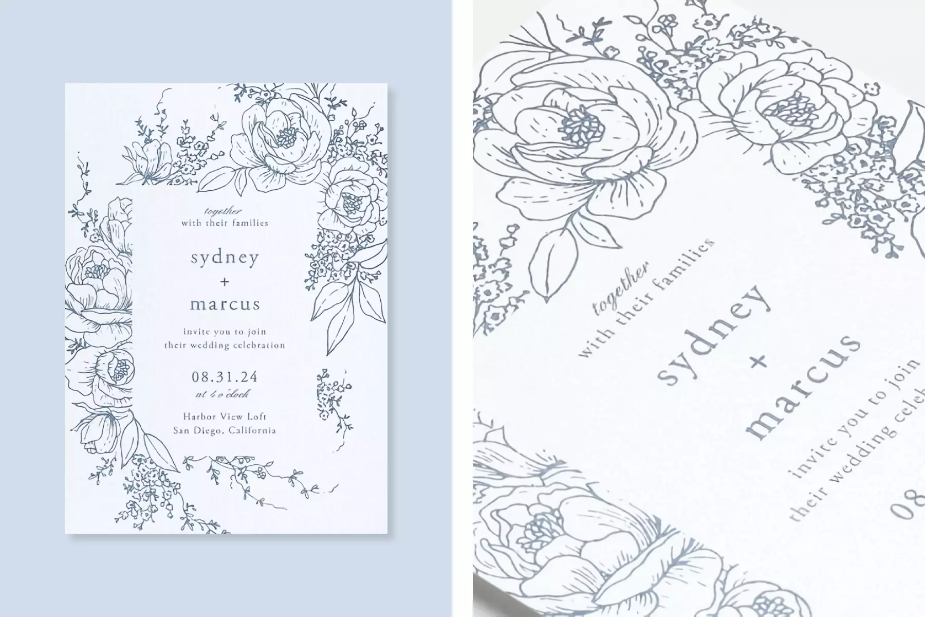 A wedding invitation with gray rose doodles around the border.