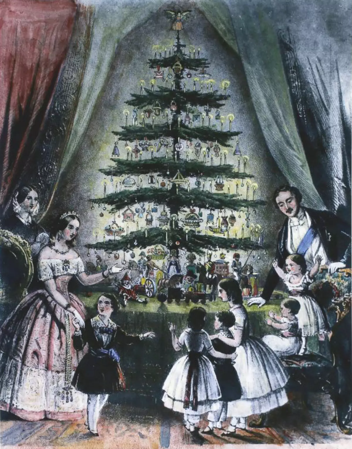 The Royal Christmas tree is admired by Queen Victoria, Prince Albert, and their children.