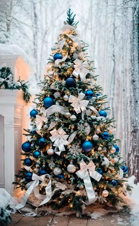 Christmas tree decorated with blue and white balls