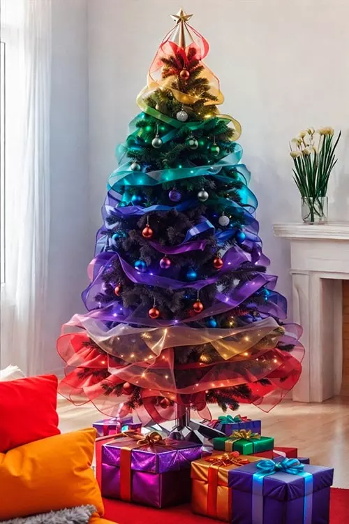 Christmas tree decorated with rainbow color balls and ribbons