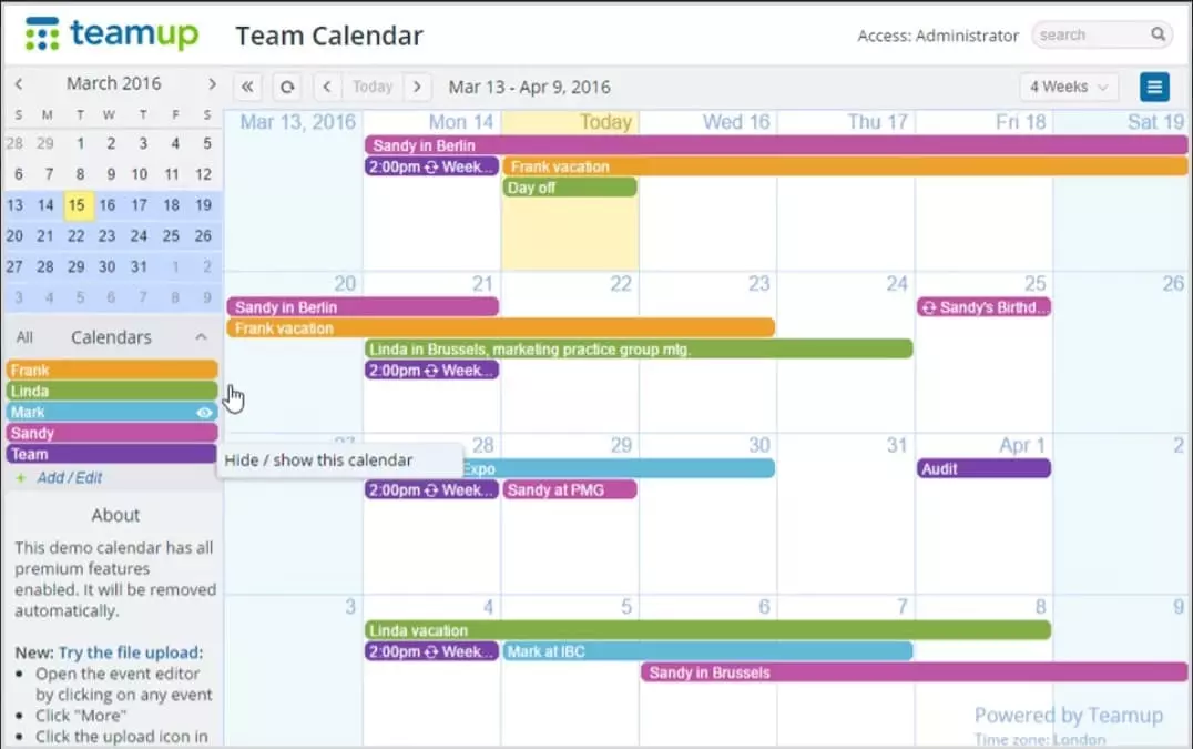 Teamup shared calendar tool for managing a team’s schedule