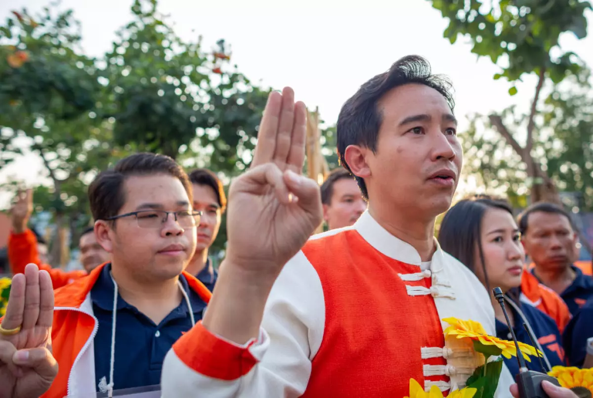 Pita Limjaroenrat, the Move Forward Party leader, makes a pro-democracy salute during a demonstration against Thailand’s lese majeste law, in Chiang Mai on Feb. 4, 2023.