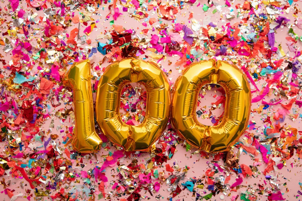 100th birthday balloons and colorful confetti