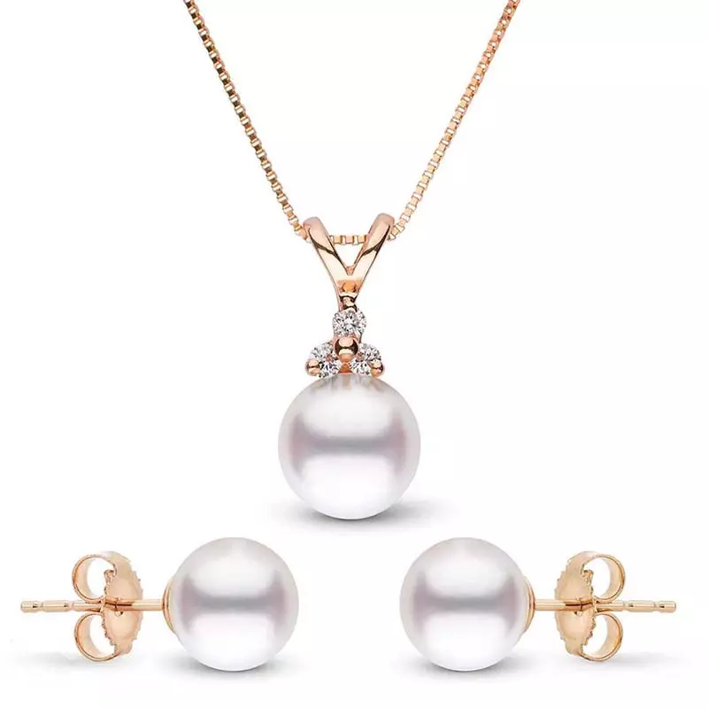 Pearl Anniversary Gift Ideas: Blessed Akoya Pearl and Diamond Pendant and Earring Set