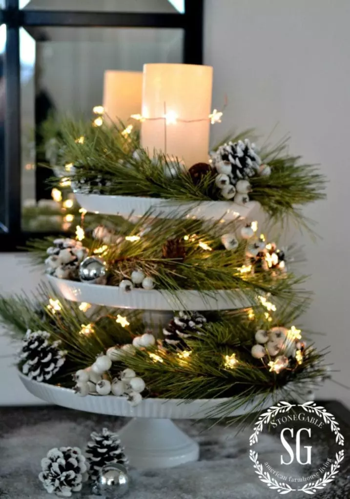 DIY lighted Christmas table centerpiece on a tiered cake stands!