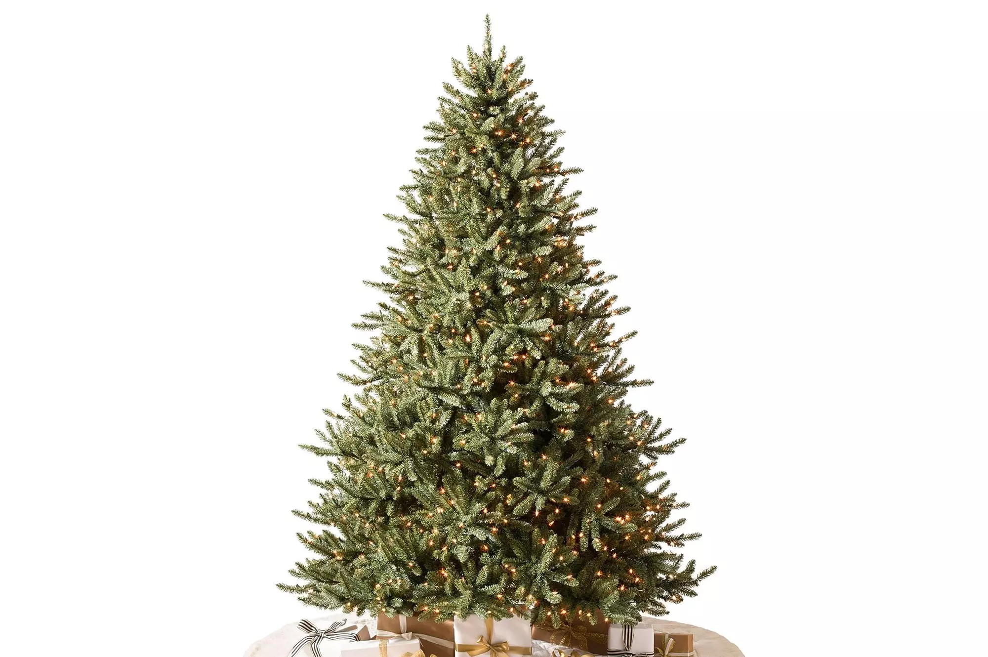 A pre-lit artificial Christmas tree.