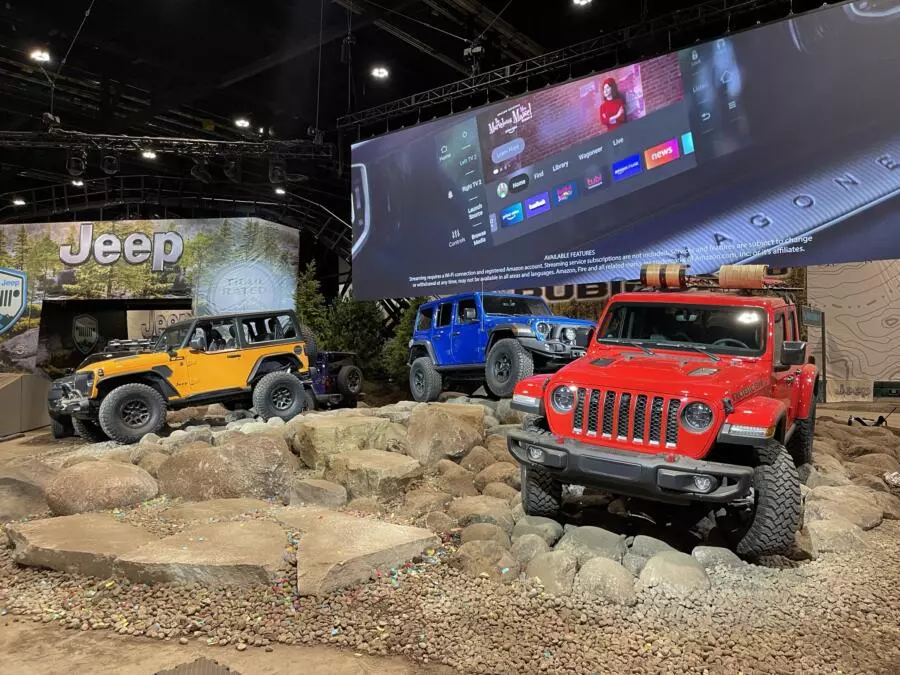 Cars on an off-road track at the Chicago Auto Show
