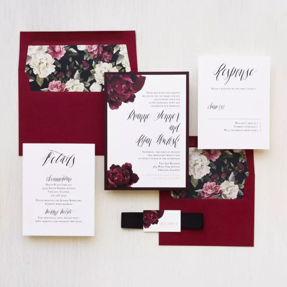 Deep Red and Burgundy Floral Wedding Invitations