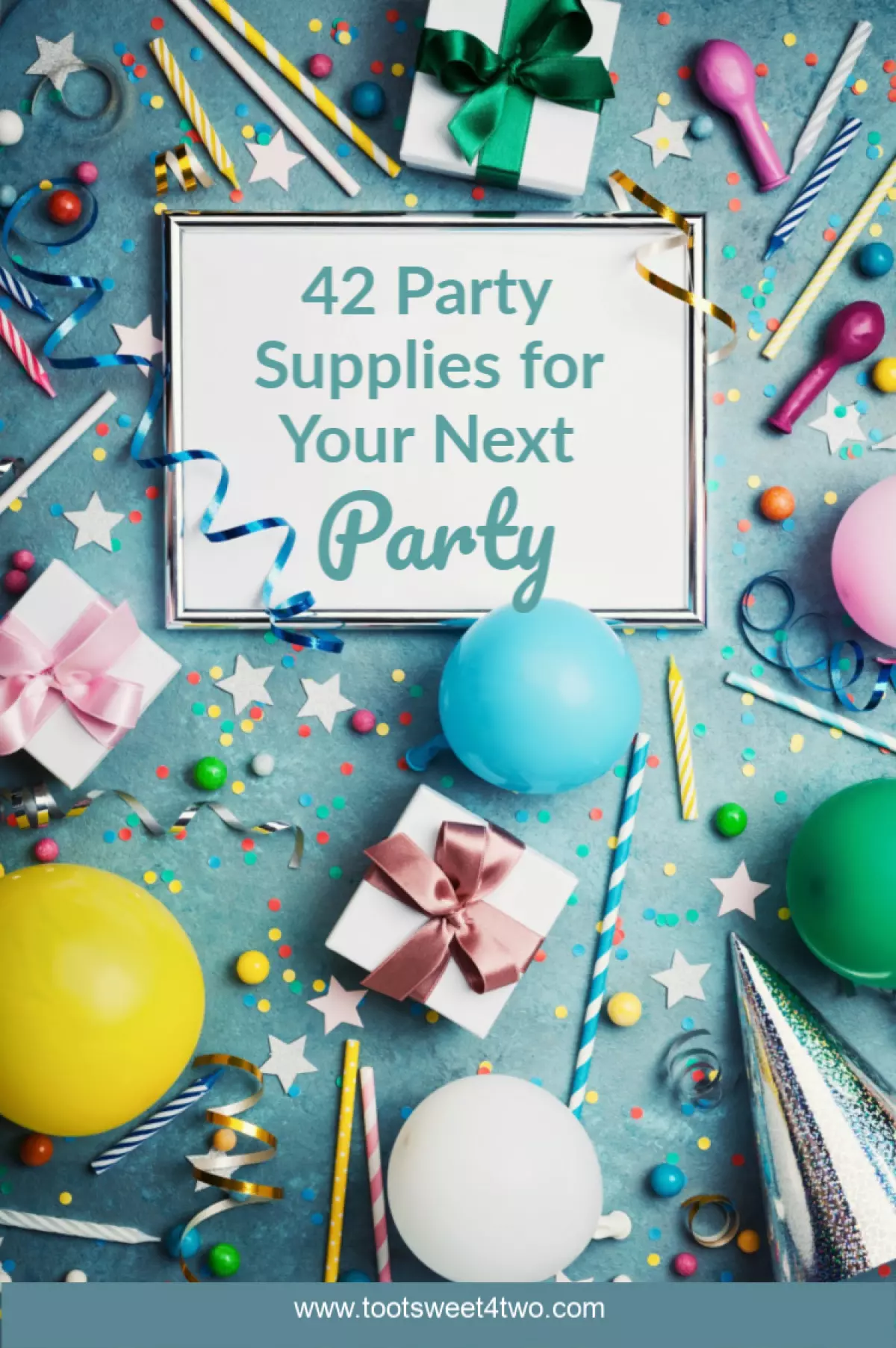 gifts, balloons, and other party decorations with party sign
